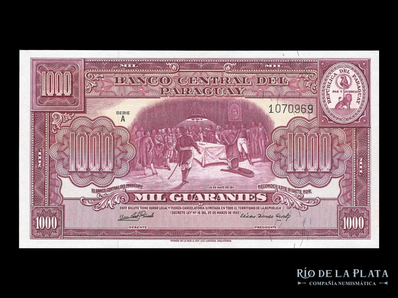 Paraguay. Banco Central del Paraguay. 1.000 Guaranies 1952. Firmas chicas: Stark...