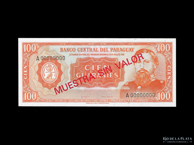 Paraguay. Banco Central del Paraguay. Muestra 100 Guaranies 1952, serie A, resel...