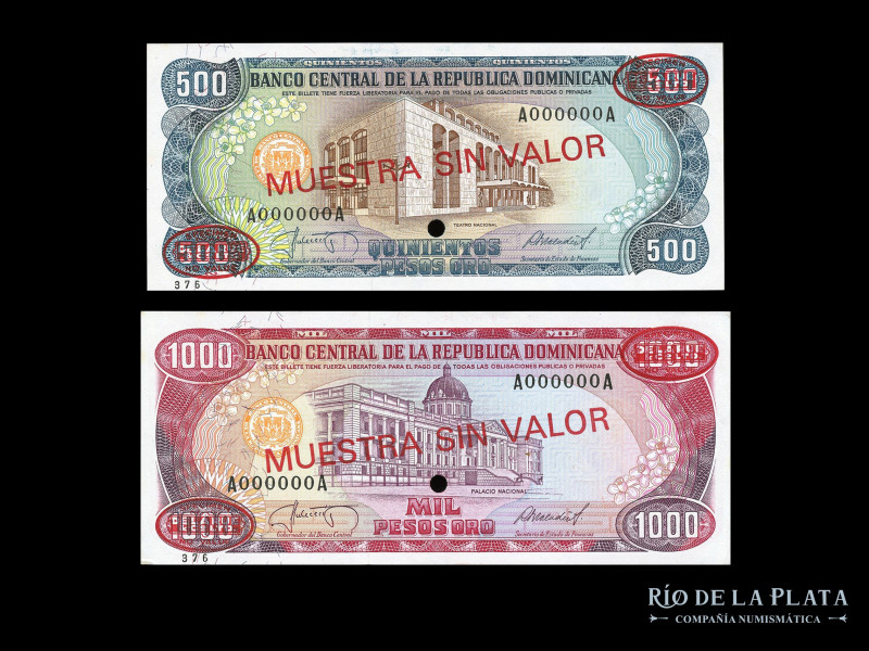 República Dominicana. Muestras 500 y 1.000 Pesos Oro 1988. Sello rojo MUESTRA SI...