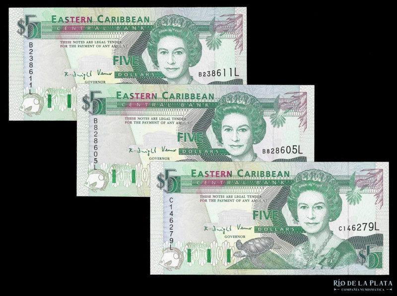 Santa Lucia (East Caribbean States) Central Bank. 3 x 5 Dollars ND1993. Impreso ...