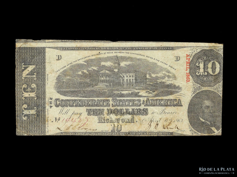 USA. The Confederate States of America. 10 Dollars 1863. AUGUST 1863 en rojo. Pi...