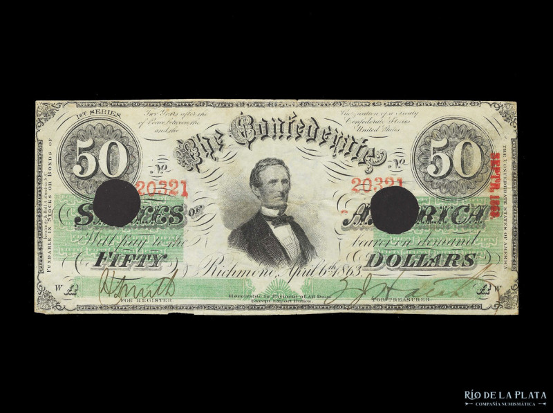 USA. The Confederate States of America. 50 Dollars 1862. Cancelado con dos perfo...