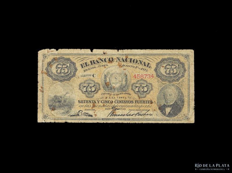 Argentina. Banco Nacional. 75 Centavos Fuertes 1873 serie C, resello ROSARIO 187...