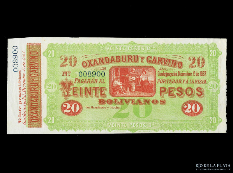 Argentina. Entre Ríos. Oxandaburu y Garbino. 20 Pesos Bolivianos 1869 Remainder,...