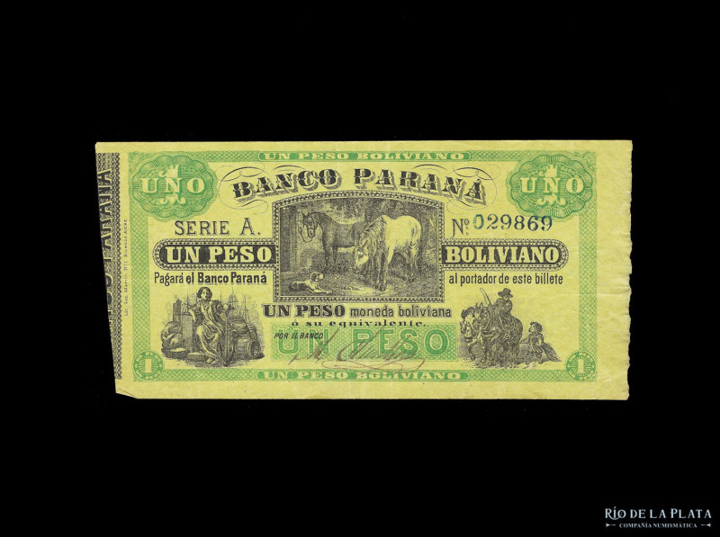 Argentina. Entre Ríos. El Banco Paraná. 1 Peso Moneda Boliviana 1868. Sin Resell...