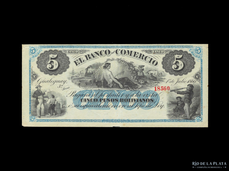 Argentina. Entre Ríos. El Banco del Comercio, Gualeguay. 5 Pesos Bolivianos 1869...