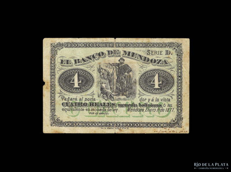 Argentina. Mendoza. Banco de Mendoza. 4 Reales Plata Boliviana 1877 Remainder, s...