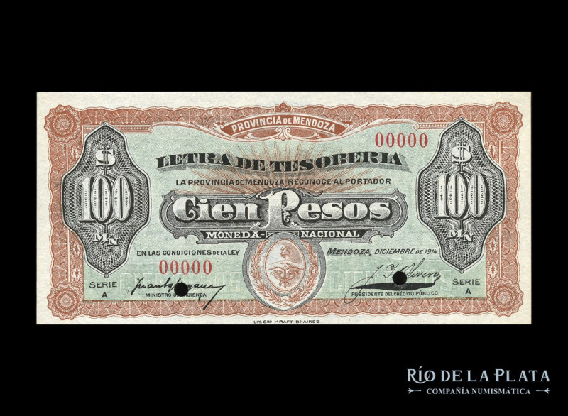 Argentina. Mendoza, Letra de Tesorería. Specimen 100 Pesos MN 1914, serie A. Imp...