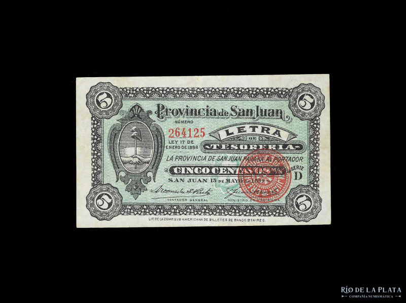 Argentina. San Juan. Letra de Tesorería. 5 Centavos Moneda Nacional 1899. Bauman...