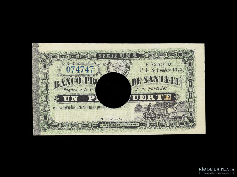 Argentina. Santa Fe. Banco Provincial de Santa Fe. 1 Peso Fuerte 1874 remainder ...