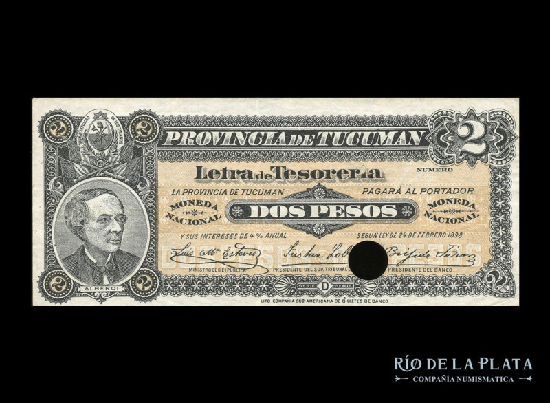 Tucuman. Letra Tesoreria. 2 Pesos Moneda Nacional 1898 cancelado, sin numeración...