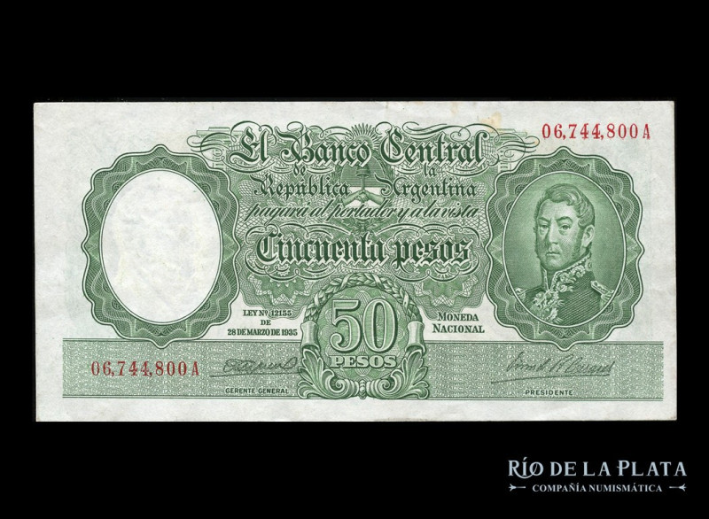 Argentina. BCRA Moneda Nacional - San Martín jóven. 50 Pesos 1946, serie A, núme...