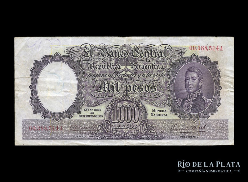 Argentina. BCRA Moneda Nacional - San Martín jóven. 1.000 Pesos 1944 serie A, nú...