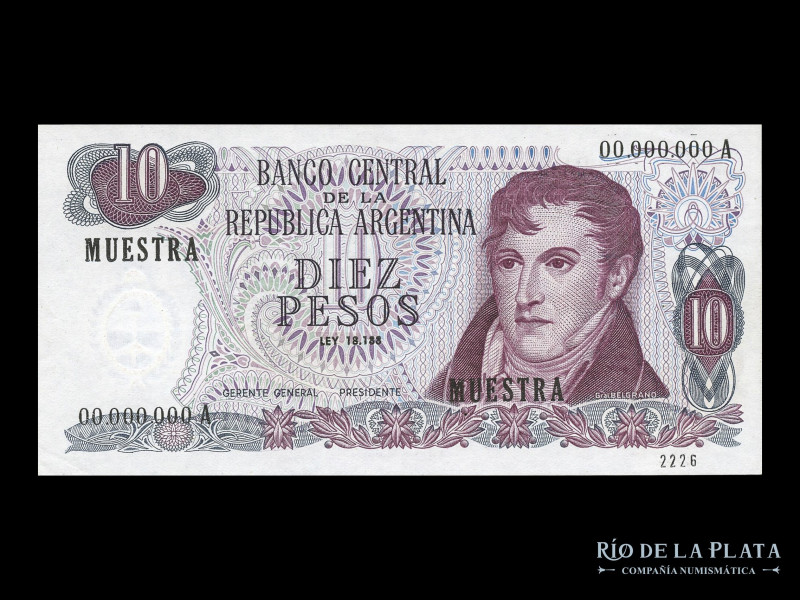 Argentina. Pesos Ley 18.188. Muestra 10 Pesos 1970, serie A. Sin firmas. Col 611...