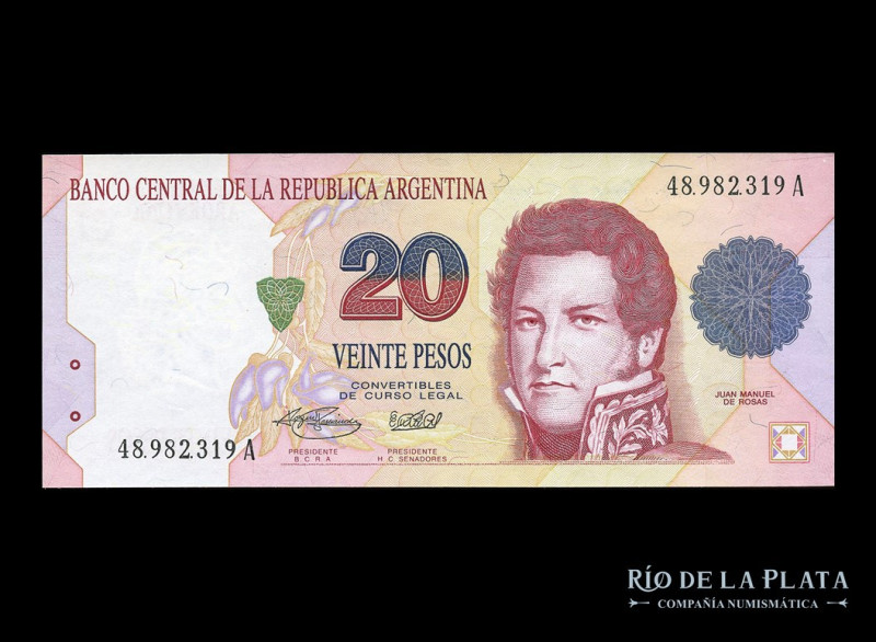 Argentina. Pesos Convertibles. 20 Pesos 1995, serie A, 1° Diseño. Firmas: Fernán...