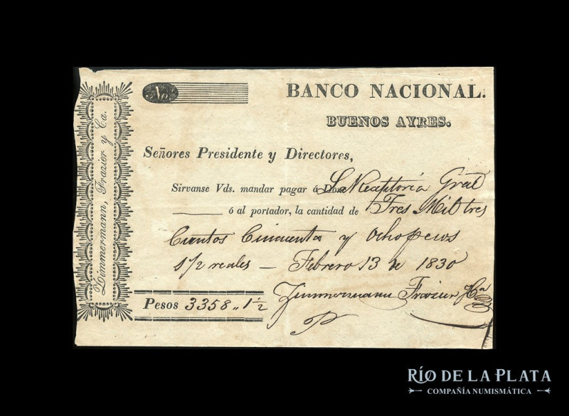 Argentina. Banco Nacional Buenos Aires. Cheque 1830, monto expresado en Pesos y ...