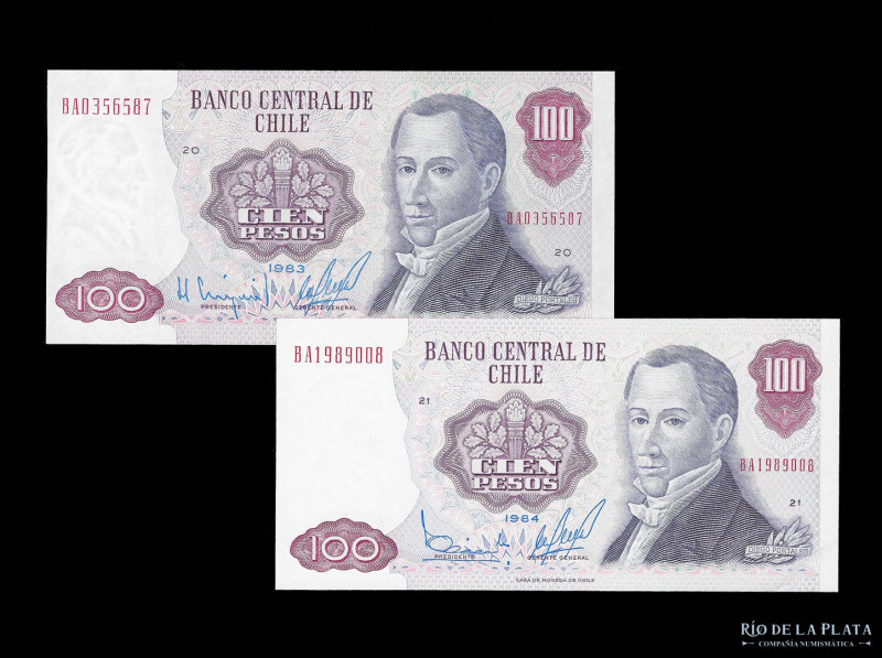 Chile. 2 x 100 Pesos 1983-1984. Diferentes firmas. Fajardo 129.9 y 129.10; Pick ...