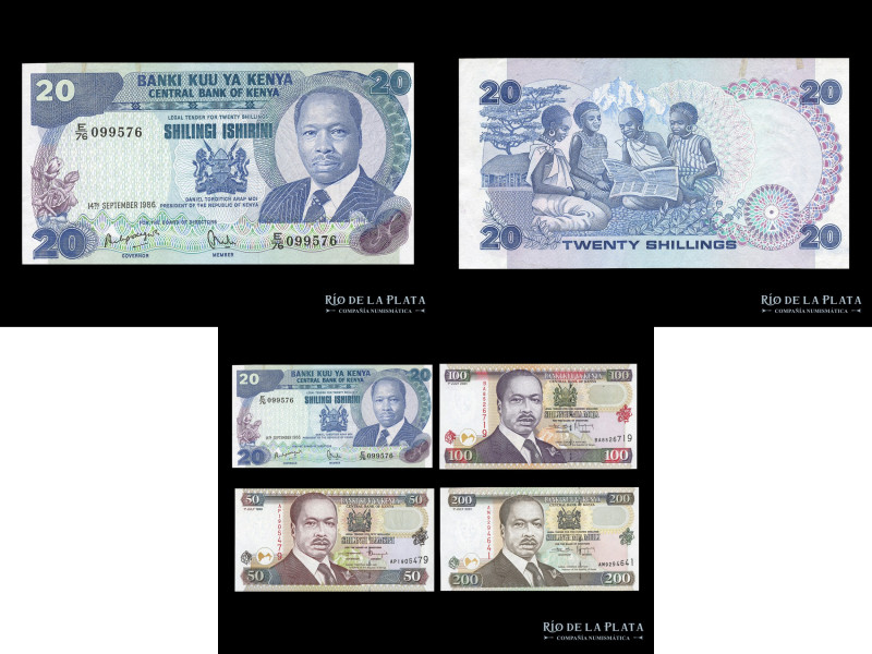 Kenya. 20, 50, 100 y 200 Shillings 1986-2001. Pick 21e, Pick 36d, Pick 36f y Pic...