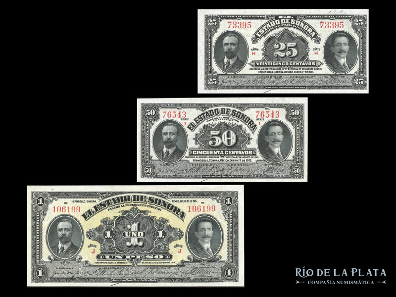 México. El Estado de Sonora. 25 y 50 Centavos y 1 Peso 1915. Pick S1069, 1070 y ...