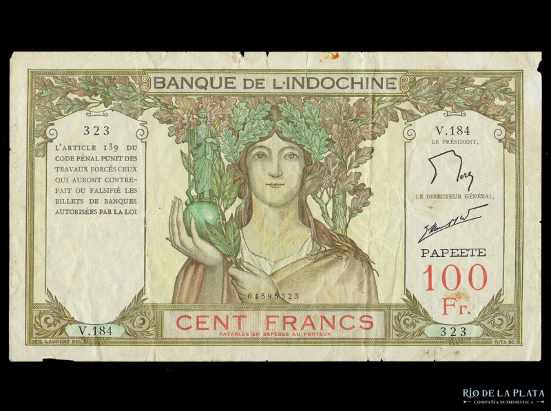 Tahiti. Banco de Indochina. 100 Francs ND1939-65 Papeete. Pick 14d (VF) 

Esti...