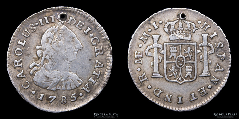 Lima. Carlos III (1759-1788) 1/2 Real 1785 MJ. Plata 903; 17mm; 1.63g. KM74 Perf...