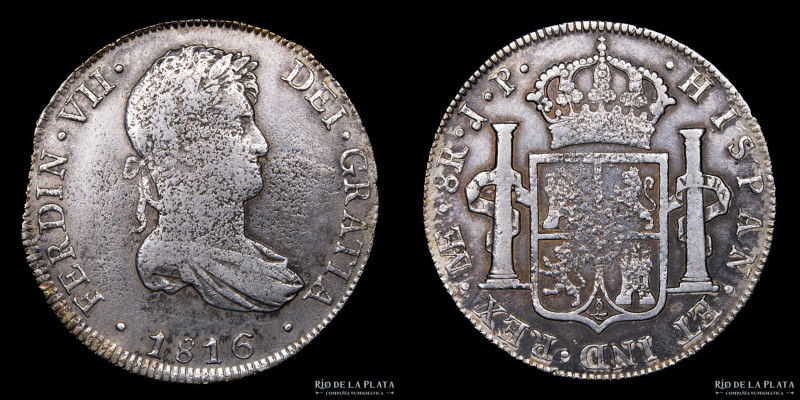 Lima. Fernando VII (1808-1833) 8 Reales 1816 JP. Plata 896; 38.0mm; 26.85g. KM 1...