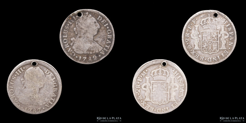 México. Lote x2. 2 Reales (1782-1787). Plata; 28mm; 12.55g (totales). Perforadas...