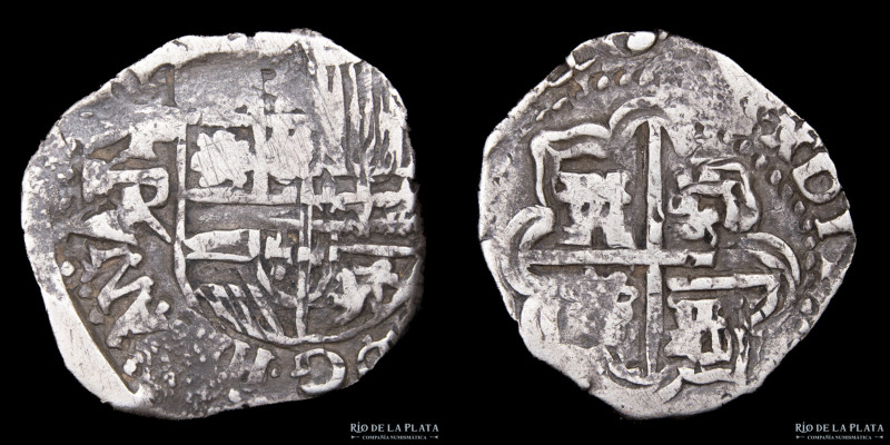 Potosí. Felipe III (1598-1621) 2 Reales 1614-1616 Q (Agustín de la Quadra). Macu...