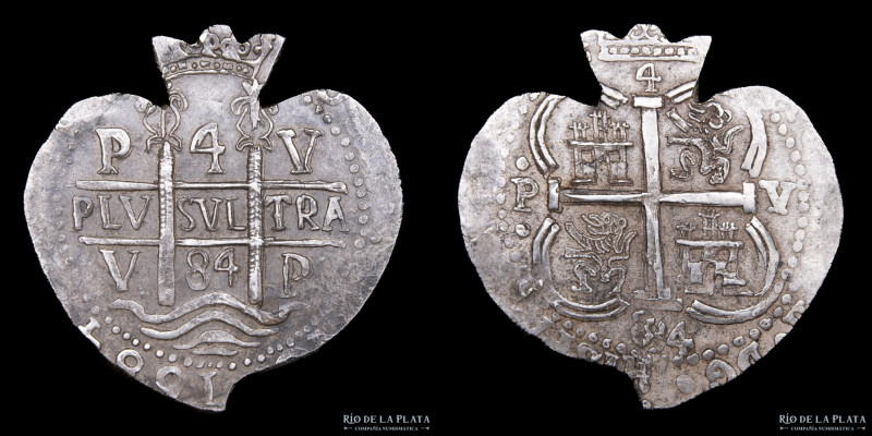 Potosi. Carlos II (1667-1701) 4 Reales 1684 V. Corazón. Réplica. Plata; 30x30mm;...