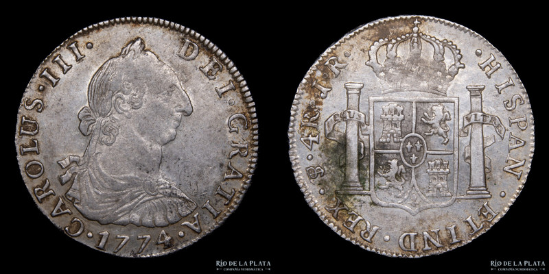 Potosí. Carlos III (1759-1788) 4 Reales 1774 JR (José Vargas y Flor, Raimundo de...