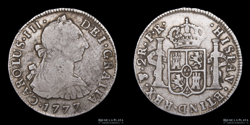 Potosí. Carlos III (1759-1788) 2 Reales 1777 PR (Pedro Mazondo, Raymundo de Ytur...