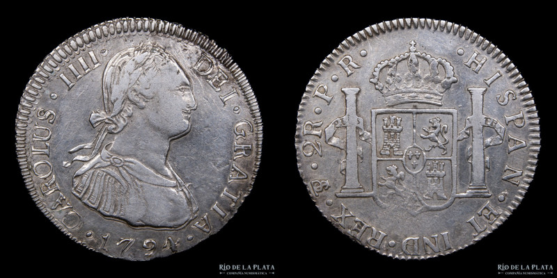 Potosí. Carlos IV (1789-1808) 2 Reales 1794 PR (Pedro Mazondo, Raimundo de Yturr...