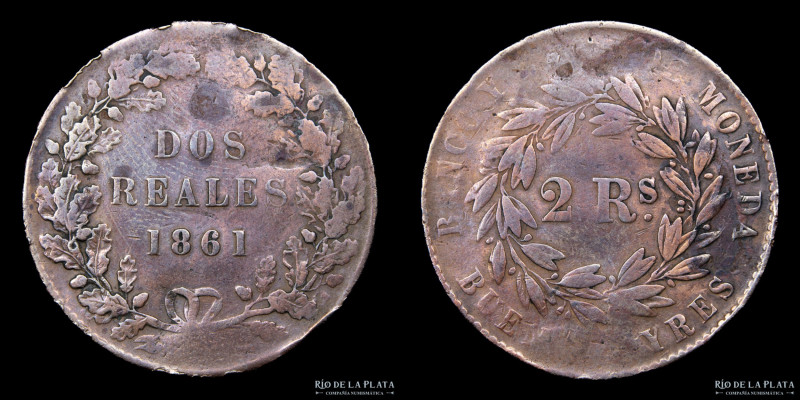 Argentina. Buenos Aires. 2 Reales 1861. Cobre; 31.9mm; 7.69g. Acuñada durante el...