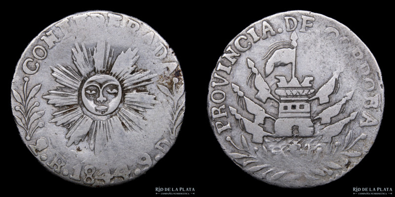 Argentina. Córdoba. 2 Reales 1844. Sol de 12 haces. Plata 750; 26.5mm; 6.63g. Se...