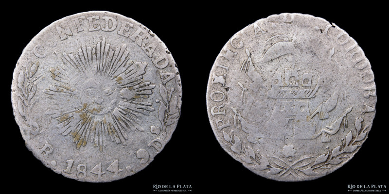 Argentina. Córdoba. 2 Reales 1844. Castillo con tres homenajes-Sol de 15 haces-G...