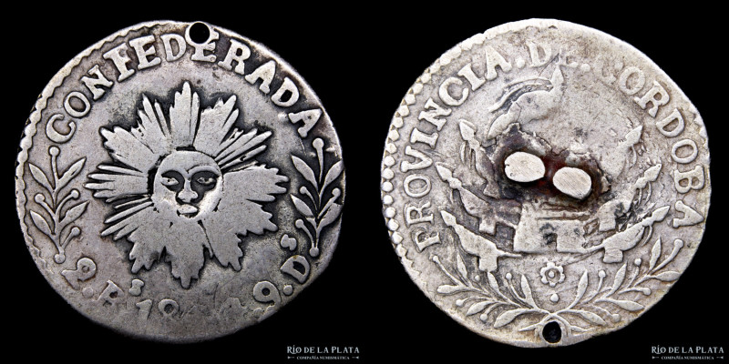 Argentina. Córdoba. 2 Reales 1844. Sol de 12 haces. Plata 750; 27.5mm; 6.37g. Se...