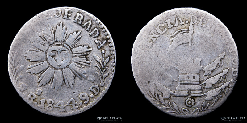 Argentina. Córdoba. 2 Reales 1844. Sol de 12 haces. Plata 750; 26.5mm; 6.42g. Se...
