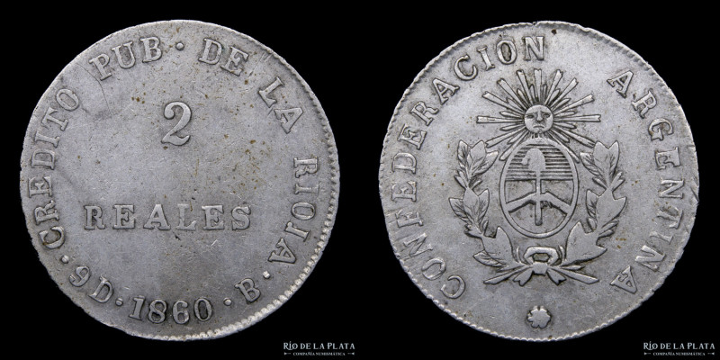 Argentina. La Rioja. 2 Reales 1860 B (José Barros). Plata 750; 27.0mm; 6.22g. CJ...
