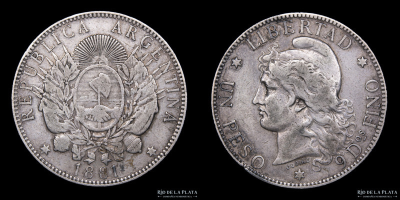 Argentina. 1 Peso 1881 Patacón. Buenos Aires mint. Plata 900; 37.0mm; 24.63g. CJ...