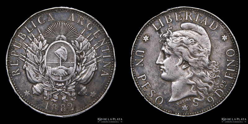 Argentina. 1 Peso 1882 Patacón. Buenos Aires mint. Plata 900; 37.0mm; 24.99g. CJ...