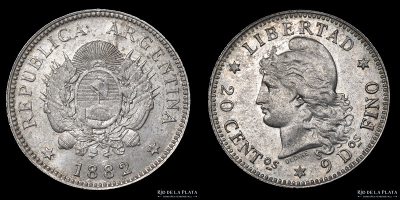 Argentina. 20 Centavos 1882. Plata 900; 23.3mm; 5.00g. Buenos Aires mint. CJ 18;...