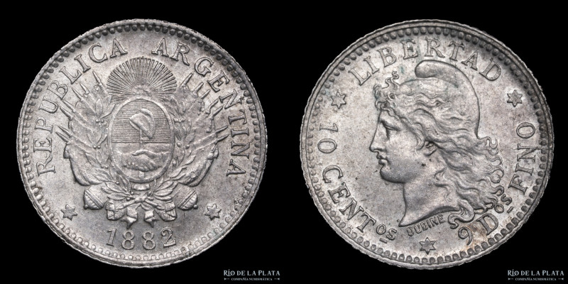 Argentina. 10 Centavos 1882. Plata 900; 18.3mm; 2.50g. Buenos Aires mint. CJ 20;...