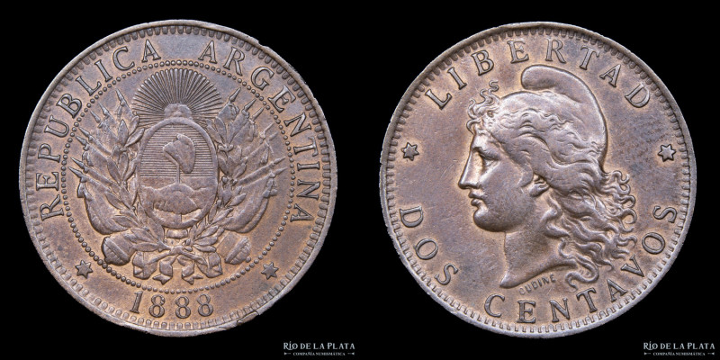 Argentina. 2 Centavos 1888. Buenos Aires mint. Cobre; 30.0mm; 9.92g. CJ 29; KM 3...