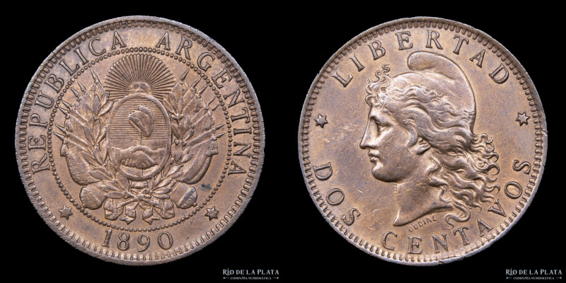Argentina. 2 Centavos 1890. Buenos Aires mint. Cobre; 30.0mm; 10.0g. CJ 31; KM 3...