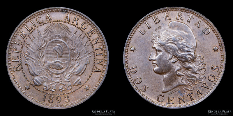 Argentina. 2 Centavos 1893. Choque de cuños visible en ambas caras. Buenos Aires...