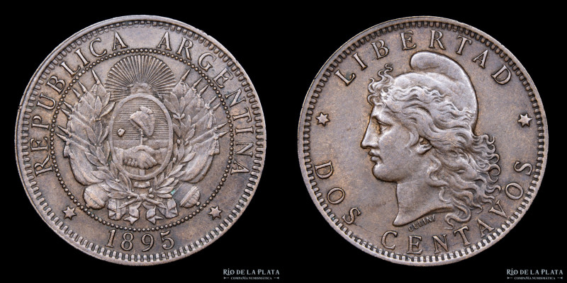 Argentina. 2 Centavos 1895. Buenos Aires mint. Cobre; 30.0mm; 10.00g. CJ 36; KM ...