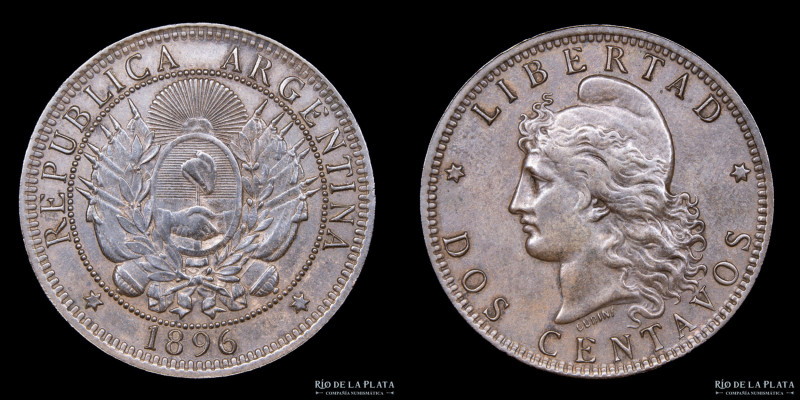 Argentina. 2 Centavos 1896. Buenos Aires mint. Cobre; 30.0mm; 10.00g. CJ 37; KM ...