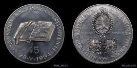 Argentina. 5 Pesos 1994. Constituyente. Plata. CJ 8.1.3