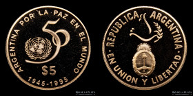 Argentina. 5 Pesos 1995. 50º Aniversario de la ONU. CJ 8.2