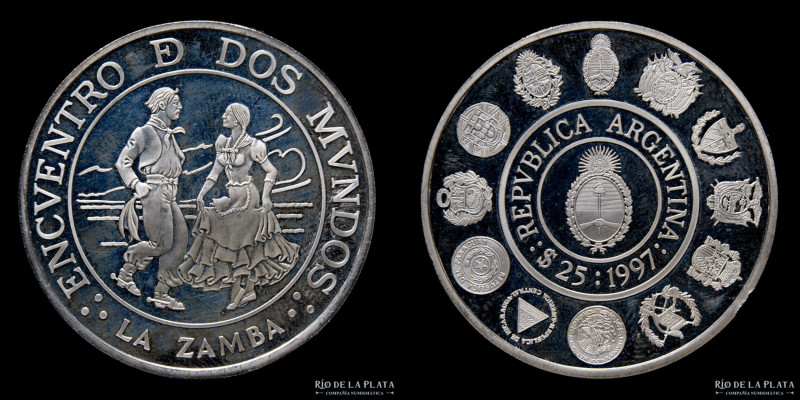 Argentina. 25 Pesos 1997. III Serie Iberoamericana: La Zamba. Plata 925; 40.0mm;...